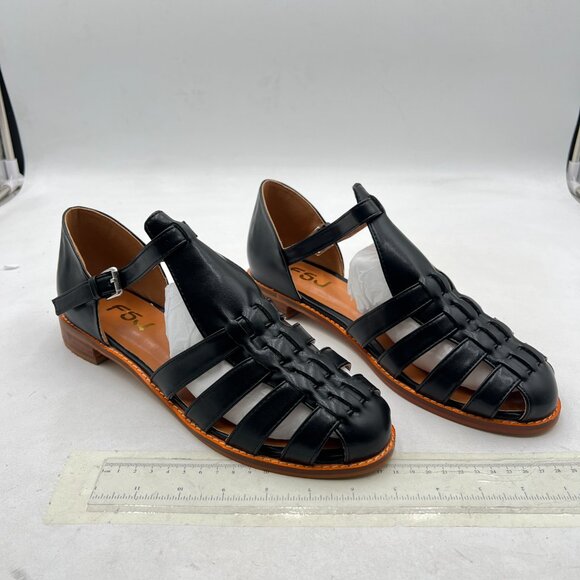 FSJ Black Closed Toe Low Block Heel Woven Roman Ankle Strap Hollow Caged Sandals - Picture 4 of 8